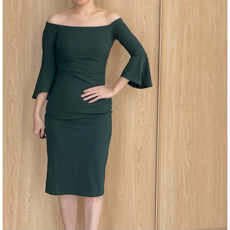 H&M dress formal wanita model sabrina hijau tua sz xs