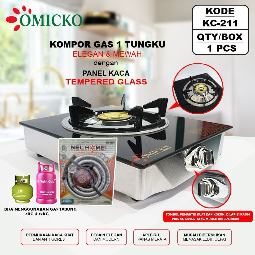 Kompor GAS OMICKO KC-211 /Kompor Kaca 1 tungku/Kompor Gas 1 Tungku Tempered Glass Original