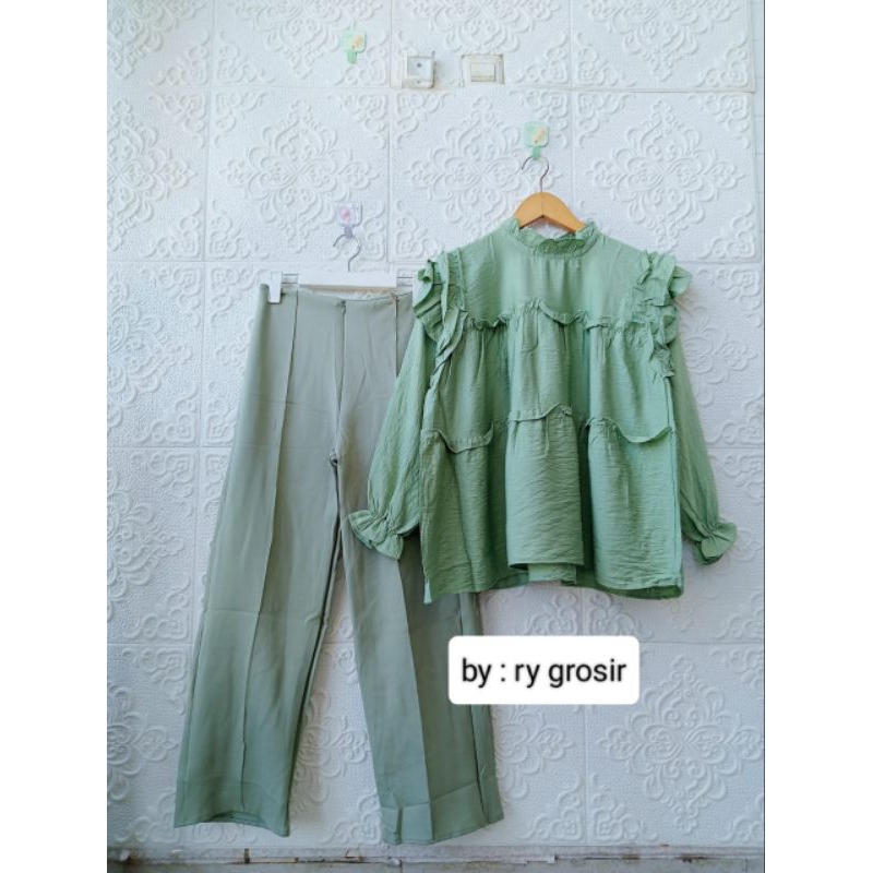 Setelan Wanita Blouse Katun Polin Celana Kulot Scuba Kekinian