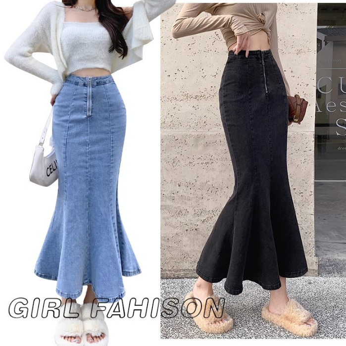 Keygirl rok jeans panjang/Rok Jeans Korea Style Highwaist Biru / Hitam Denim Pinggang Tinggi Rok Pan