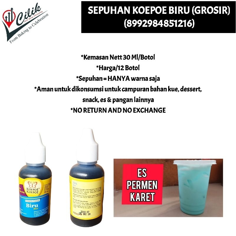 

sepuhan+color+cair+water+food grade+aman dikonsumsi+merk+koepoe+kupu+butterfly+warna+bahan+kue+adonan+roti+donat+makanan+masakan+cake+krim+buttercream+fondant+biru+blue