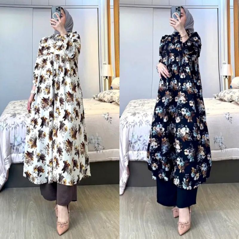 Setelan Long Tunik Rayon Motif Terbaru Busui One Set Tunik Panjang Rayon Kombinasi Crinkle Kekinian 