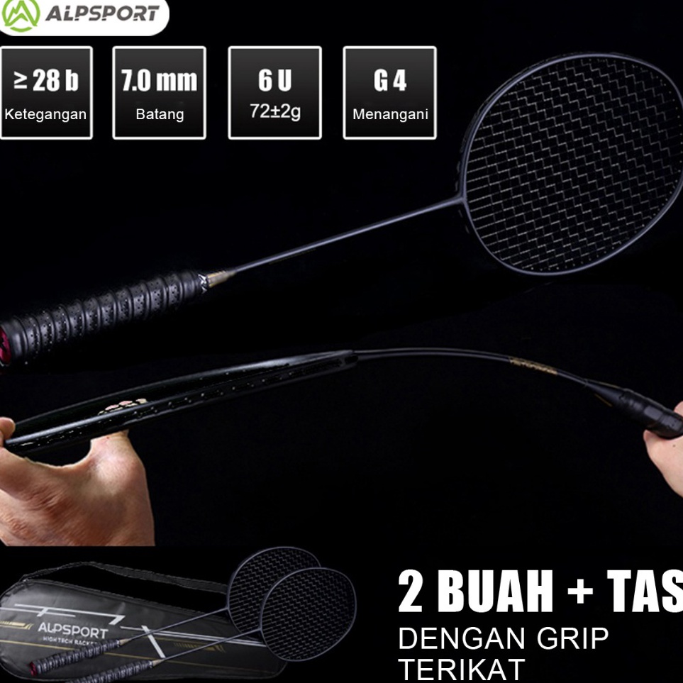 KODE R94R ALPSPORT XHP2Pcs  Tas6U G4 Max 3LBS Hitam Raket BuluTangkis T7 1 Serat Karbon Penuh Badmin