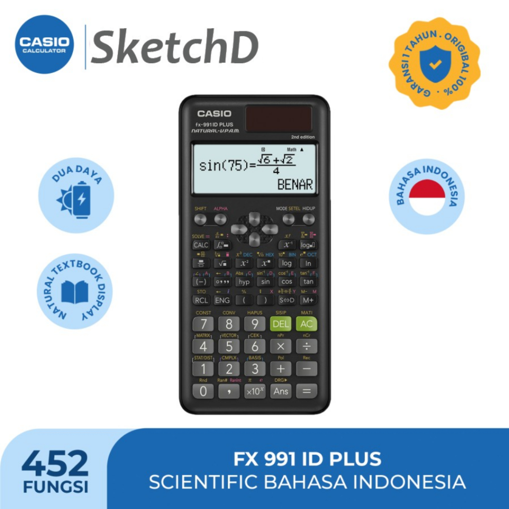 

Kalkulator Ilmiah Casio Layar Besar Bahasa Indonesia FX-991ID PLUS Scientific Calculator Solar + Battery