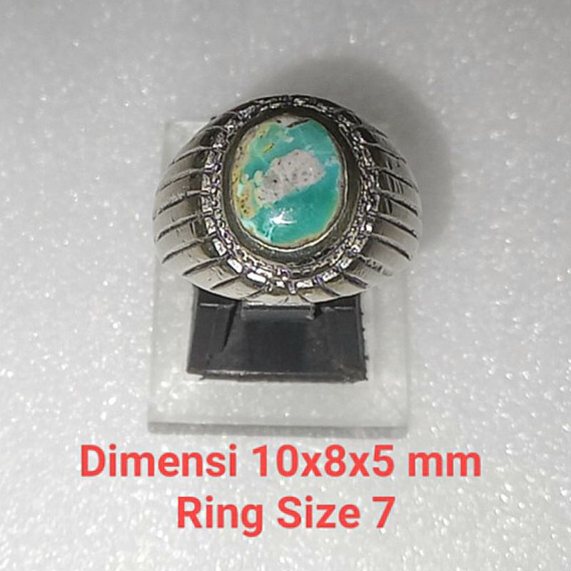 Batu Natural Pirus Persia Hijau Daun Serat Emas Mini Ring Alpaka Size 7 US Siap Pakai
