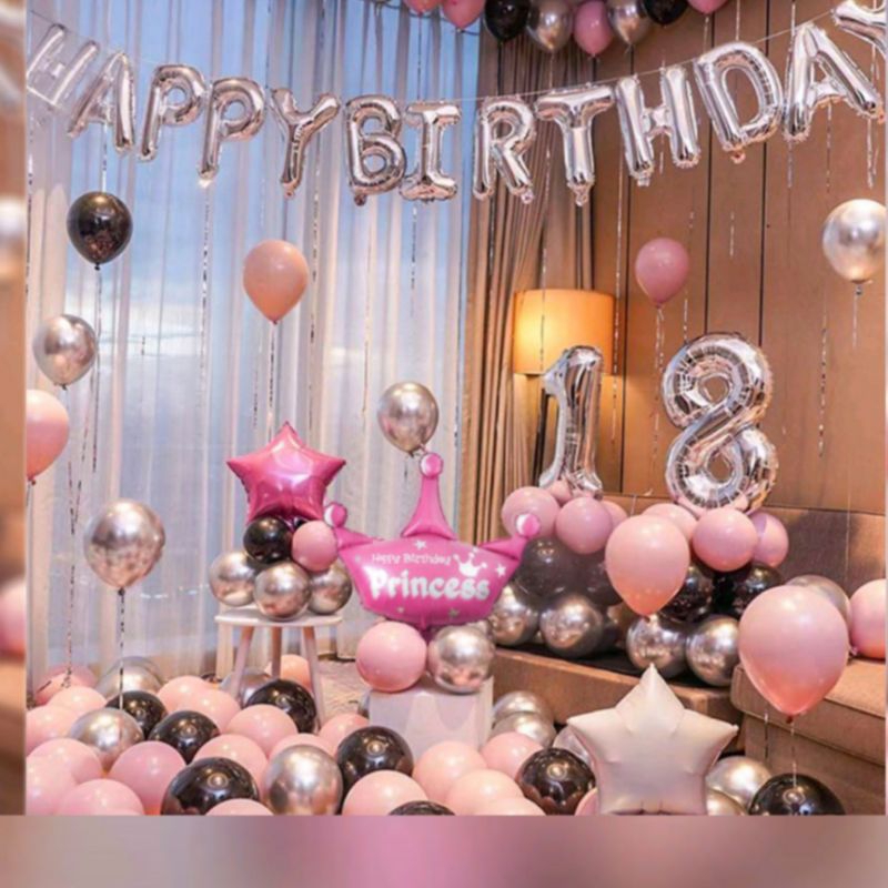 paket balon dekorasi ulang tahun black silver pink remaja