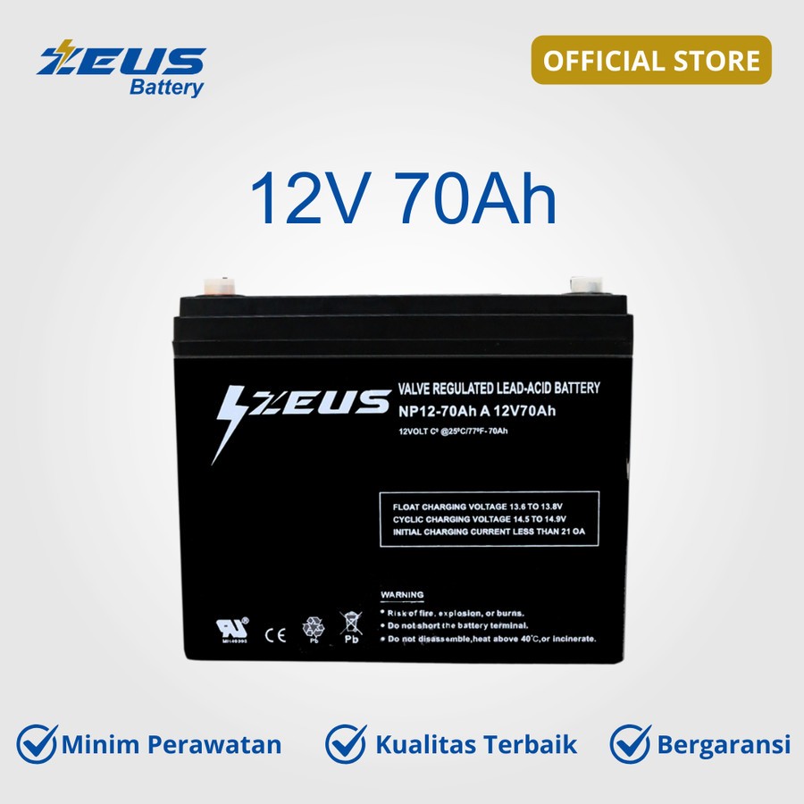 Aki untuk Industri dan Kursi Roda Elektrik, Inverter Accu 12V 70Ah VRLA Zeus Sepeda Listrik