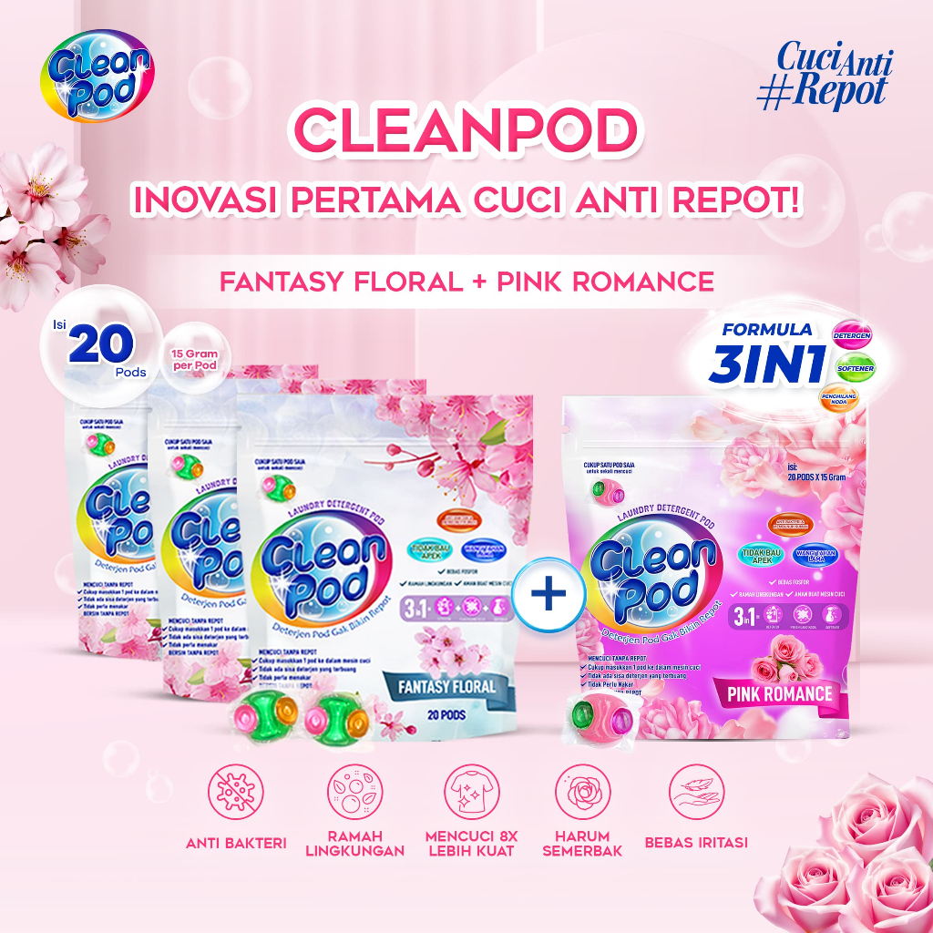 CleanPod 3 Pack of Fantasy Floral + CleanPod Pink Romance Scent Laundry Pod Detergent/Deterjen Pod L