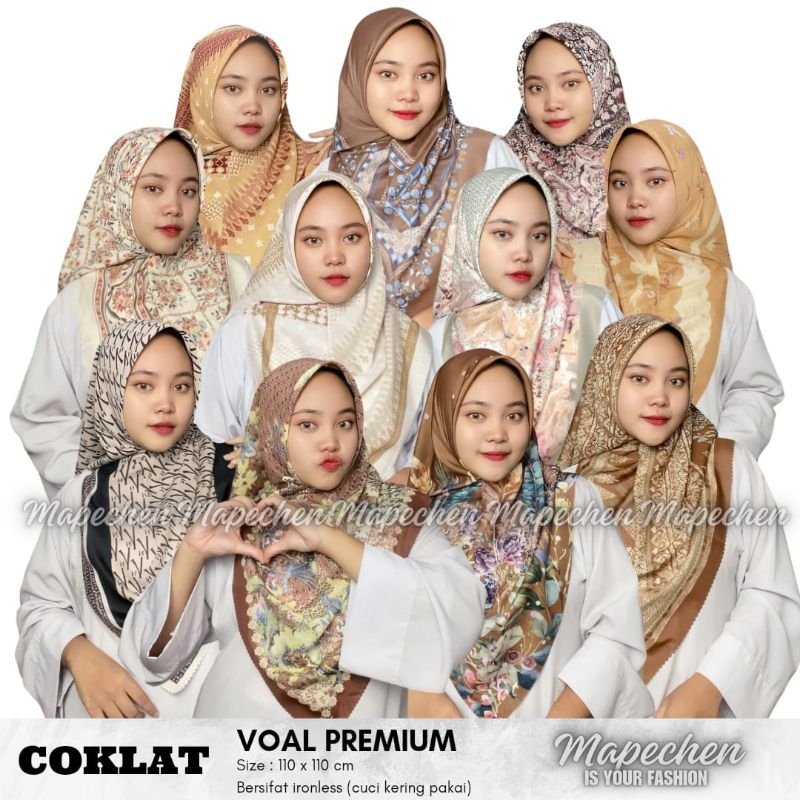 Hijab VOAL MOTIF Jilbab Coklat Coksu Mocca Milo Nude Khaky Choco Caramel Segiempat LaserCut