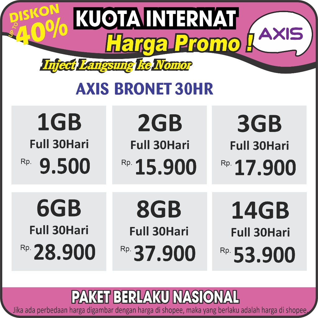 Paket Data & Kuota Internet Axis Murah Axis Bronet / Voucher Aigo