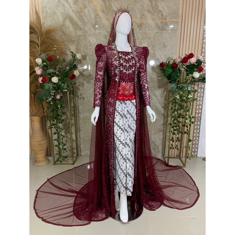 gaun pengantin dres belah maroon mewah