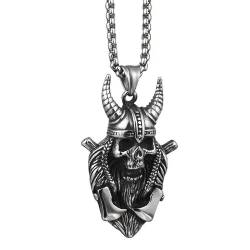 KALUNG RANTAI TITANIUM PRIA LIONTIN BAJA TITANIUM TENGKORAK TANDUK GAYA PUNK SILVER ANTI KARAT