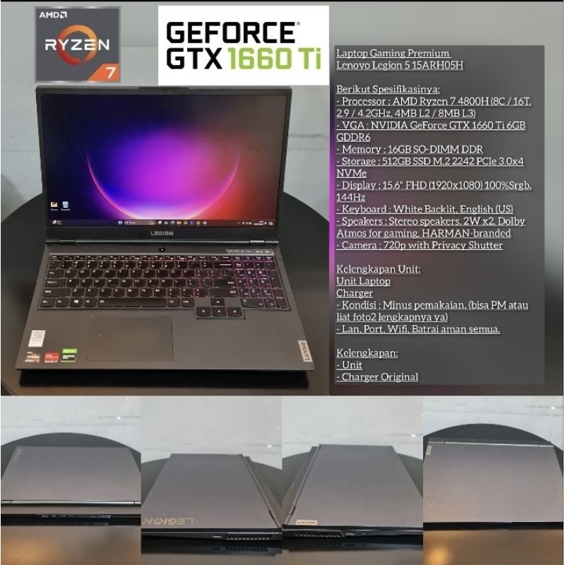 GTX1660TI Ryzen 7 Premium Laptop Gaming Lenovo Legion 5 15ARH05H no rog