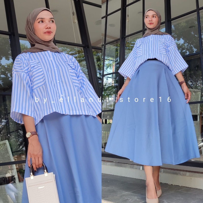 Setelan Wanita Crop Salur Dan Rok Mayung Scuba