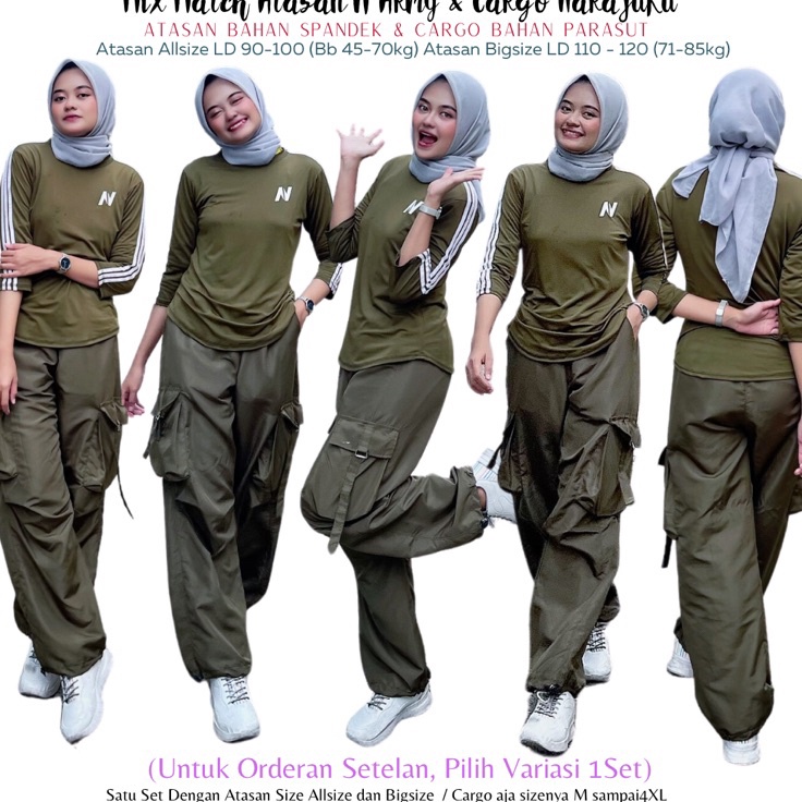 Baru Ekonomis  Mix Atasan Baju Senam N Petir Army Lis Putih dan Cargo Harajuku Army lis Putih bisa d