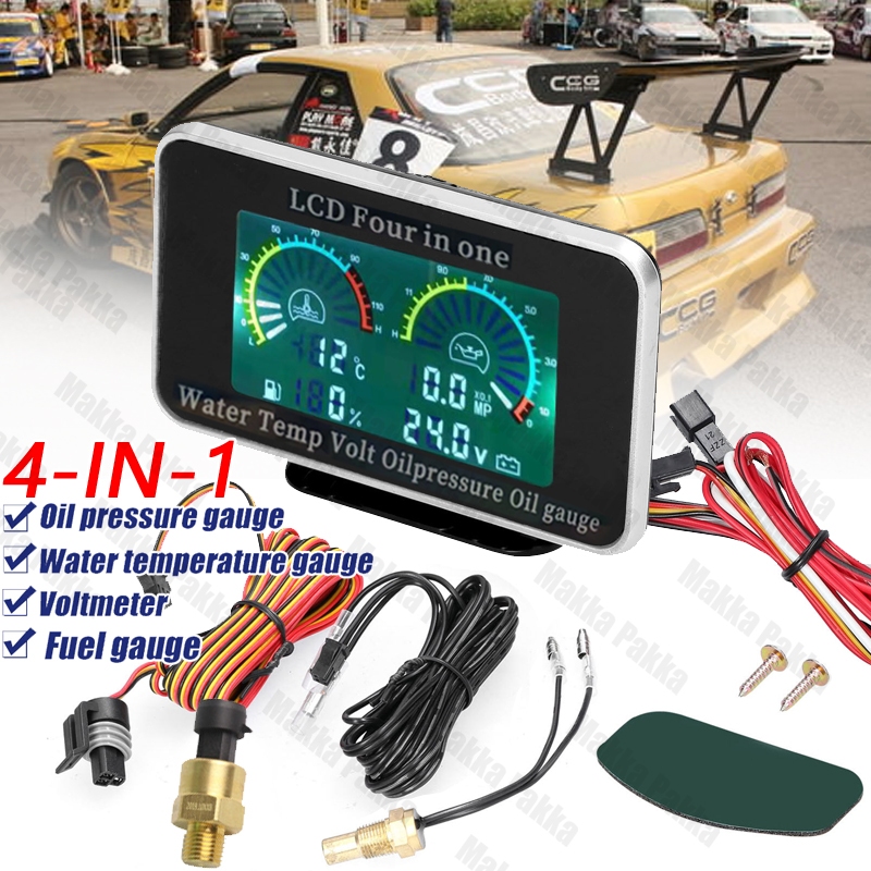 4 in 1 Pengukur Bahan Bakar Suhu Air Tekanan Minyak Pengukur Digital LCD Mobil Car LCD Digital Meter