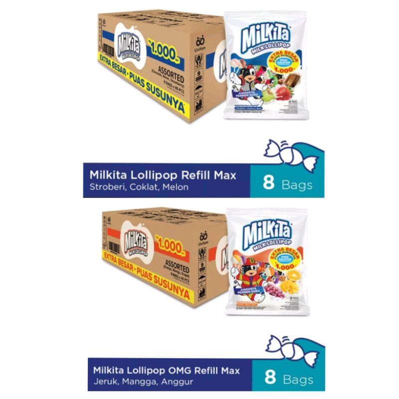 

Milkita Lollipop Max Reffil Candy 1 KARTON 8bag (1Bag: Isi 30+3pcs) - Permen Susu Lolipop Rasa / Susu Permen Milkita / Permen Rasa Susu / Permen Susu Lolipop / Permen Refil Milkita / Permen Isi Ulang Milkita / Permen Rasa Susu Aneka Rasa