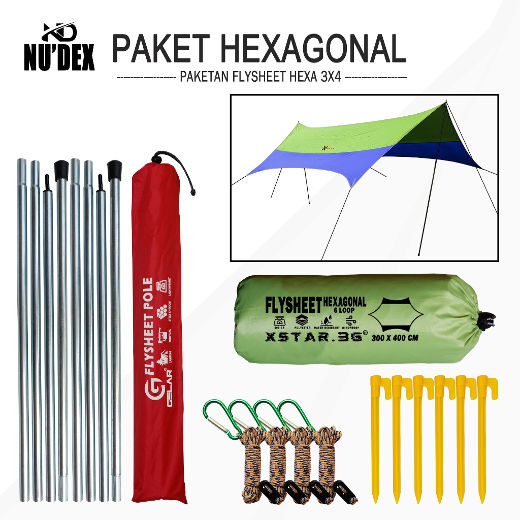 paketan flysheet hexagonal 3x4 flysheet hexa includ tiang pasak tali