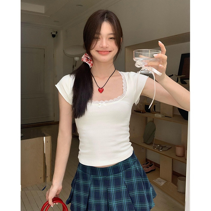 Baju Atasan Wanita Terbaru Lace U-Neck Putih Sexy Slim Crop Top Y2k/Kaos Putih Polos Wanita