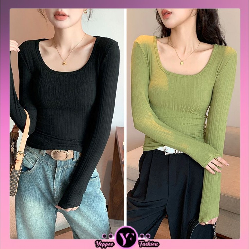 •YF•BJ1608 Pakaian Wanita Baju Atasan Lengan Panjang Inner Knit Rib Longsleve Squere Neck