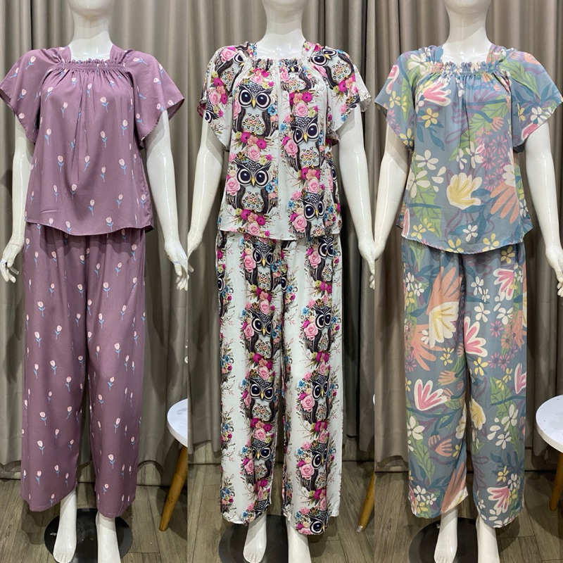 Setelan Baju Tidur Rayon Motif Inara Dada Karet / Oneset Piyama Rayon
