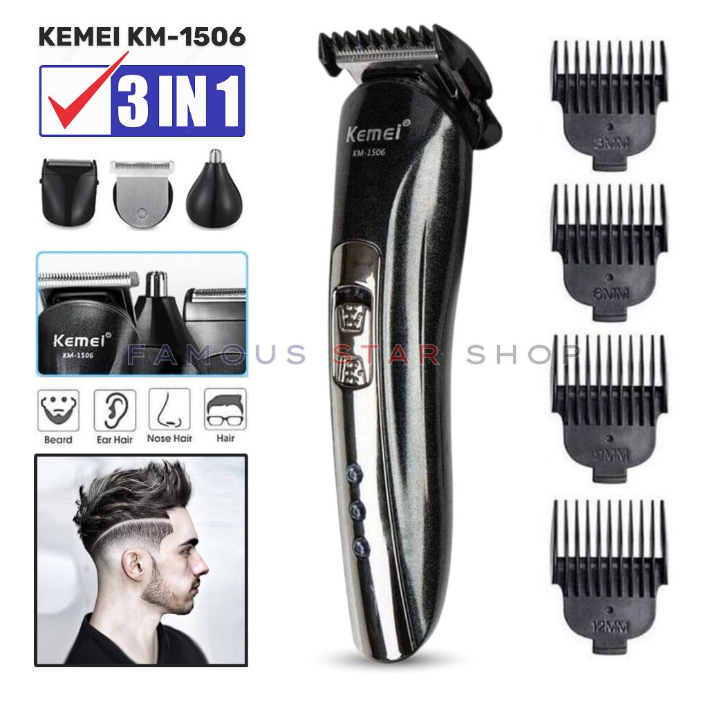 Mesin Pencukur Rambut KEMEI 3in1 Alat Cukur Rambut Kumis Jenggot Bulu Hidung Potong Rambut Cas Elekt