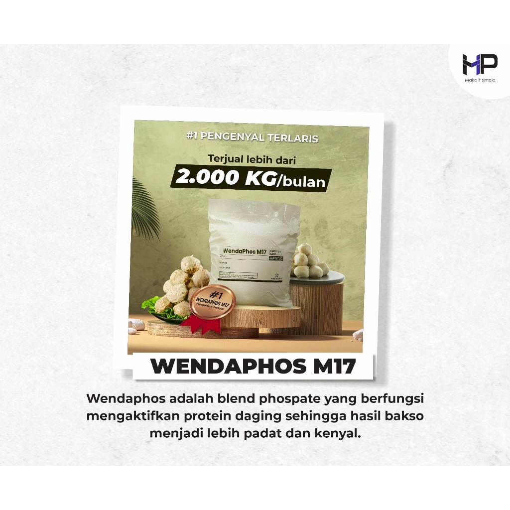 

Wendaphos M17 (200g) - Sejenis Phosmix || Blend phosphate, lebih optimal dari STTP || Pengenyal bakso || Beda merk dengan fibrisol || Pengenyal dimsum || Pengenyal sosis || Pengenyal Nugget || pengenyal pempek