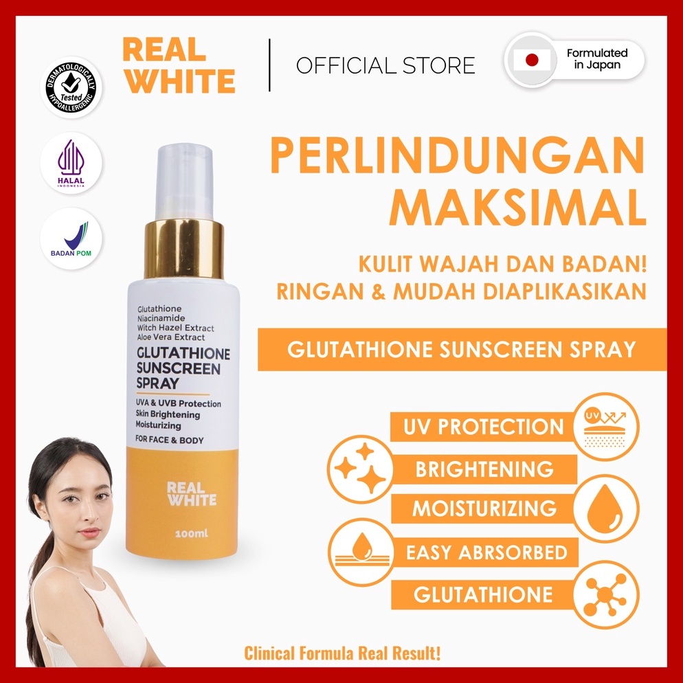 KODE G86K REAL WHITE Glutathione Sunscreen SprayBPOM HALAL Sunblock Tabir Surya Wajah Badah Sun Prot