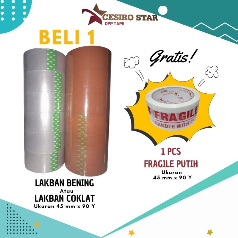 

Lakban Bening & Coklat 45 mm X 90 Y (1 Roll Isi 6 Pcs) Paket Hemat