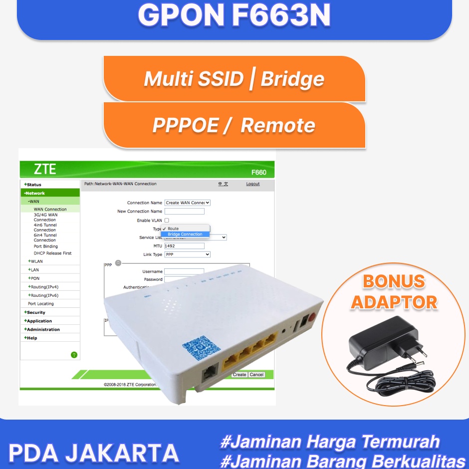 KODE L92N ZTE F663n ONU ZTE F663N GPON ONU 1GE3FE1TEL Gratis Adaptor