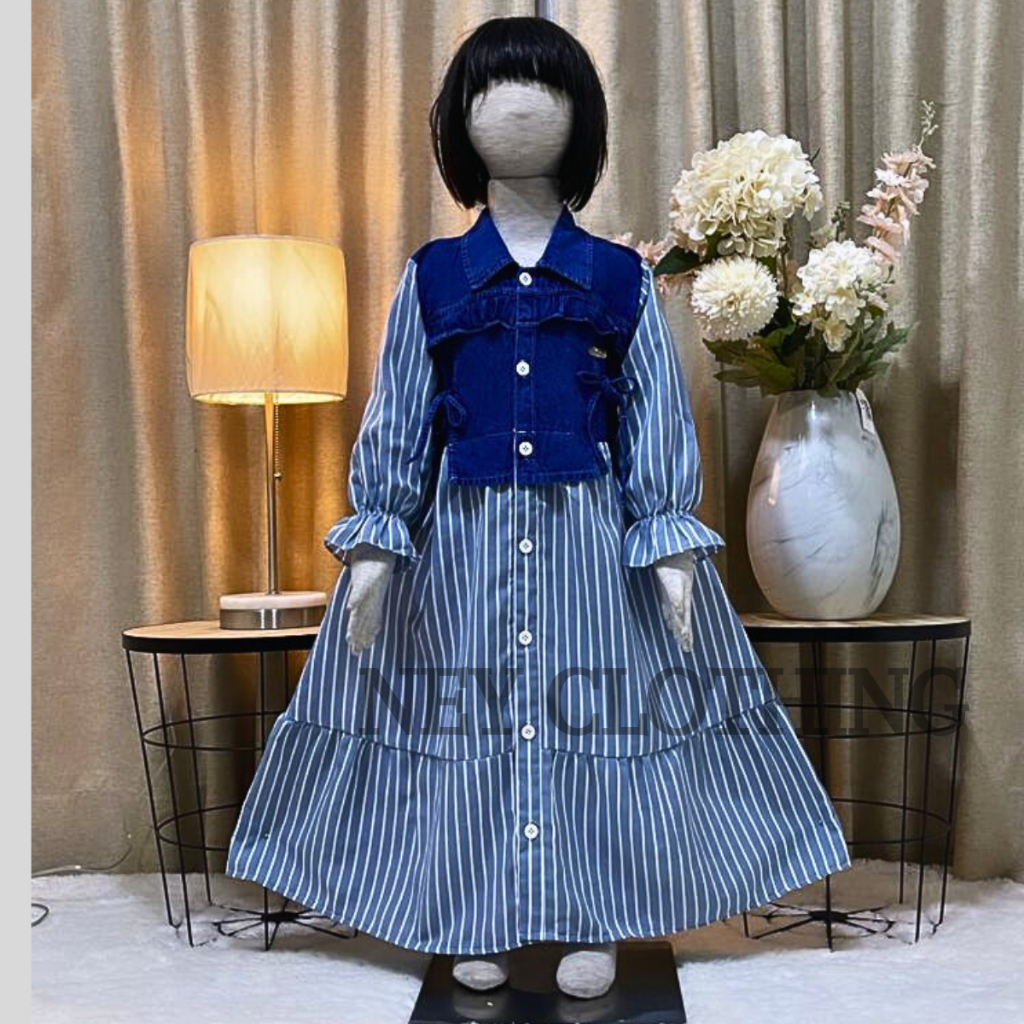 ✔️✔️Gamis anak terbaru 2024 full kancing mix rompi jeans motif salur gamis import anak dress salur a