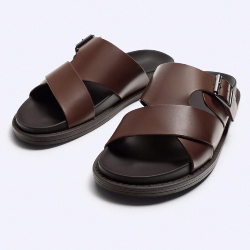 ZARA Men Sandal Criss Cross With Buckle Sendal Pria Dark Tan