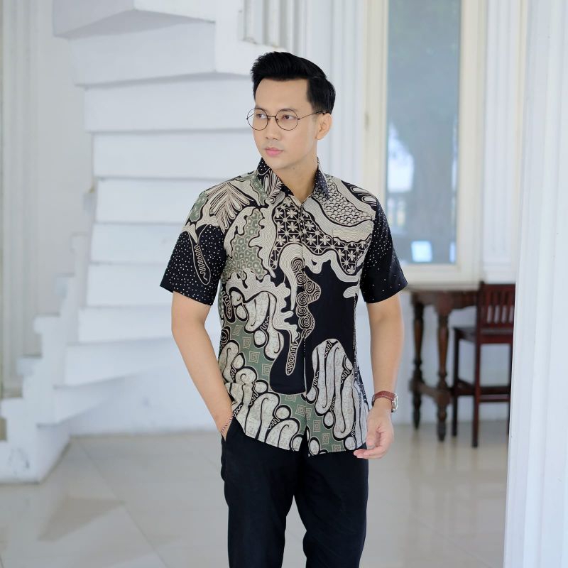 Batik pria slimfit ADINATA SAGE, Kemeja batik pria lengan pendek bahan katun premium by ARS batik so