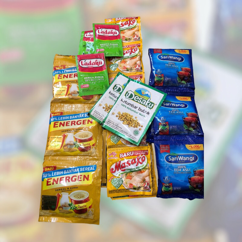 

Paket SEDAP 5 Produk 10K (ENERGEN,KETUMBAR,LADAKU,MASAKO,TEH SARIWANGI)