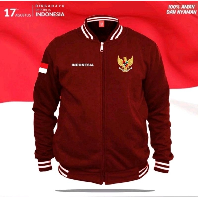 Jaket Varcity Zipper Kemerdekaan Indonesia Logo Garuda Bendera Merah Putih Jaket Basebal Pria
