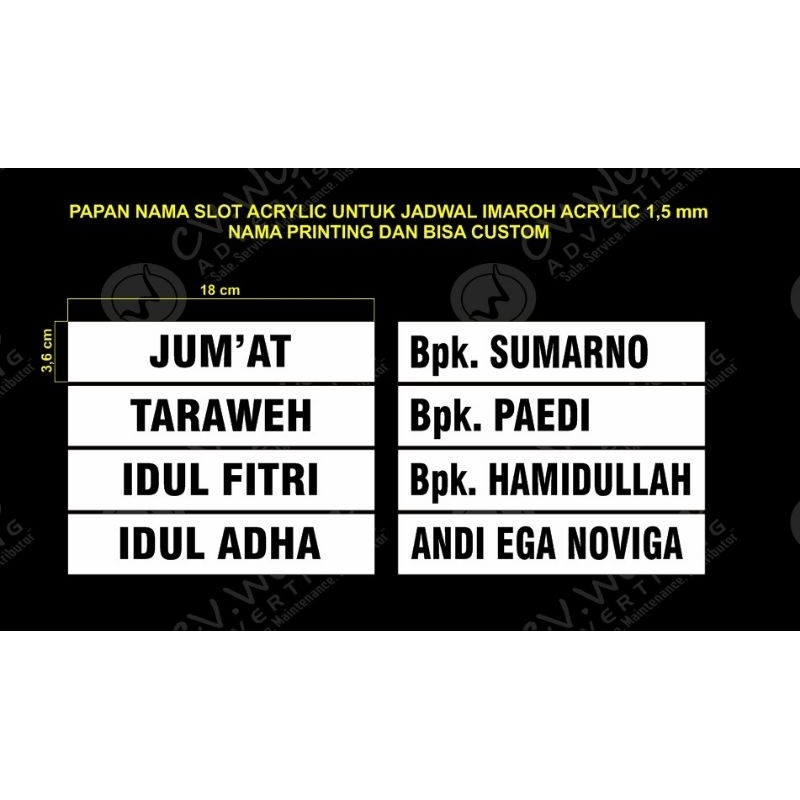 

Nama Bahan Acrylic untuk Papan Nama Jadwal Imaroh Sliding