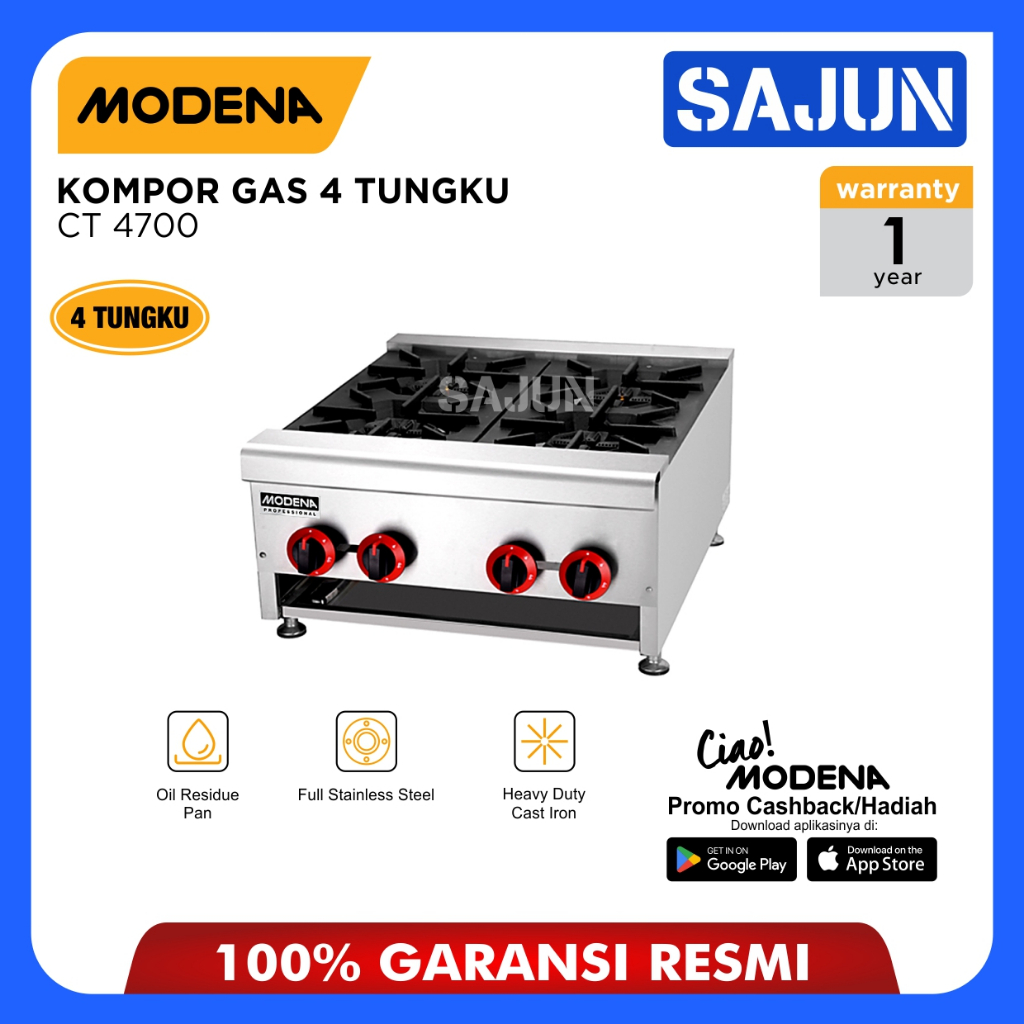 Modena Kompor Gas 4 Tungku - Burner Gas Top Portable - CT 4700 Pass