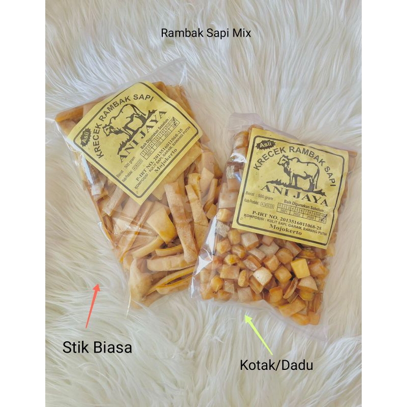 

Krecek Rambak Kulit Sapi 1kg Mix (Stik Biasa 500gr & Kotak 500gr)