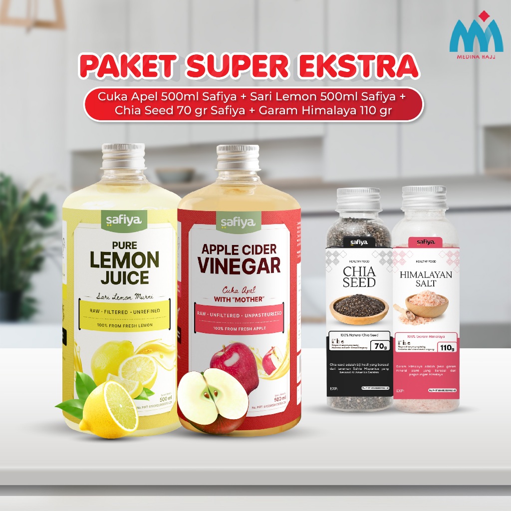 

[Paket Super Lengkap] Bundling Cuka Apel 500ml + Sari Lemon 500ml + Chia Seed + Garam Himalaya