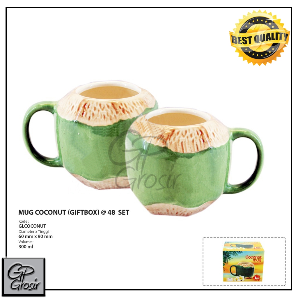 MUG CANGKIR COCONUT KERAMIK WHITE LINE LUCU MINI GIFT BOX
