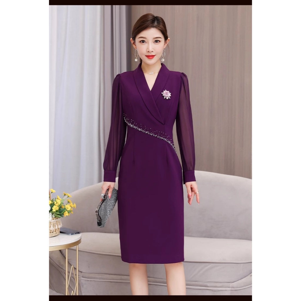 Gaun Pesta D24018 Ungu Lengan Panjang V Neck Party Dress