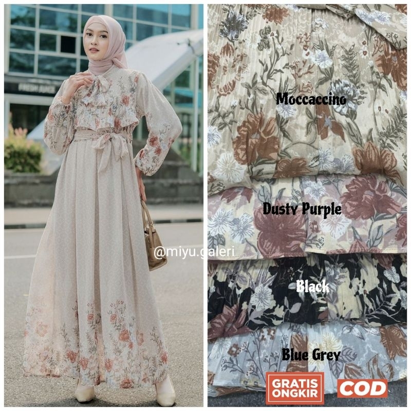 Gamis Korean Dress ala Hanbok Plisket Dada Lipit Rok Ceruty Elegam Premium motif bunga besar kecil t