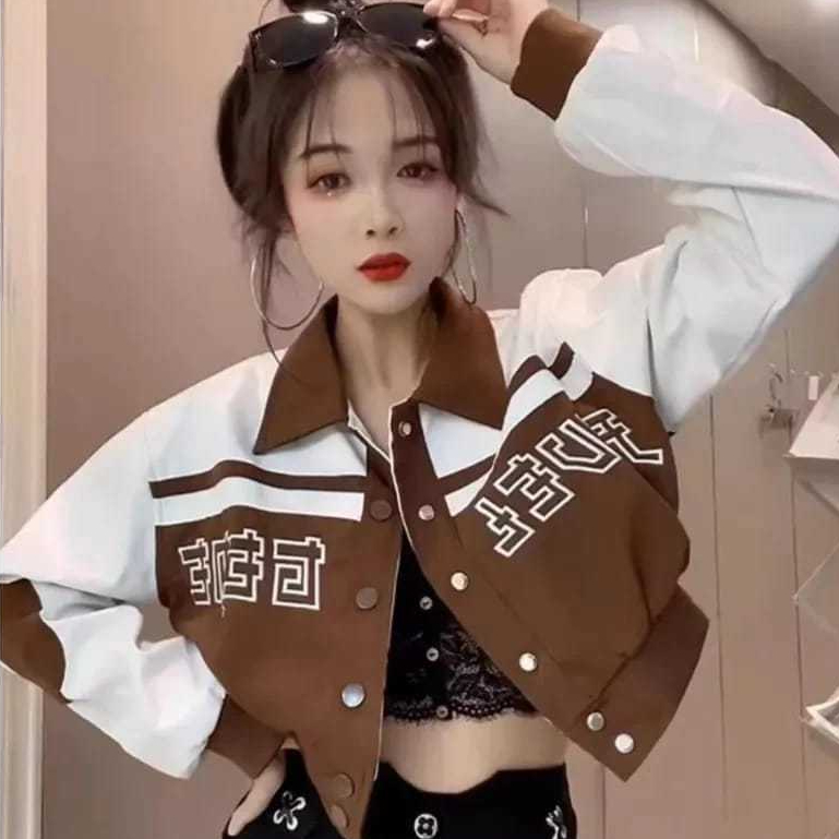 44342 Sweater Fuel Gene Kerah Jacket Crop - Style Korea - jacket Varsity bahan Fleece - Sweater Jack