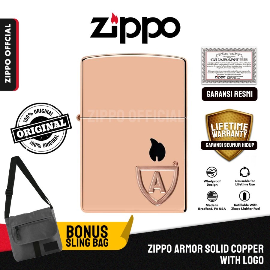 Zippo Armor Solid Copper With Logo 46171 | Garansi Lifetime | Original USA