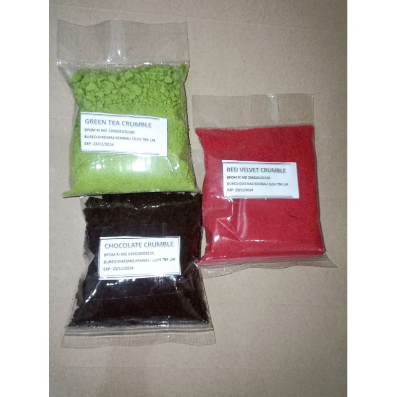 

Crumble Repack 100gr | Green Tea, Red Velvet, Chocolate