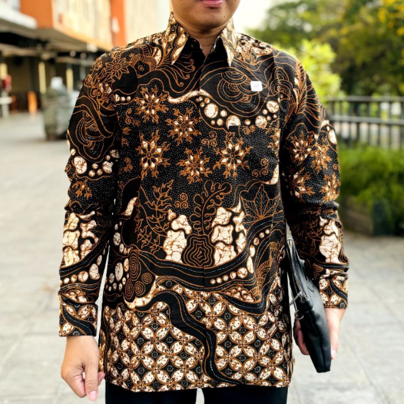 Kemeja batik pria HITAM COKLAT lengan panjang bahan doby motif terbaru
