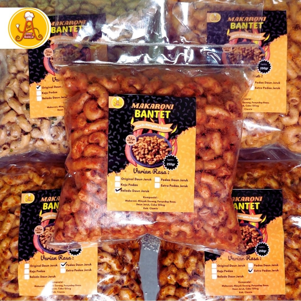 

[Ammi Snack] Makaroni Bantet Aneka Rasa 250 gram / Cemilan Makaroni Bantet Extra Daun Jeruk Ciamis