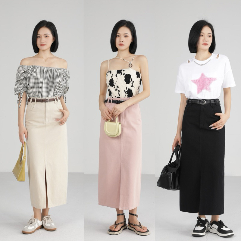 Rok Span Katun Twill Rok Panjang Wanita Korea Style Skirt Kancing