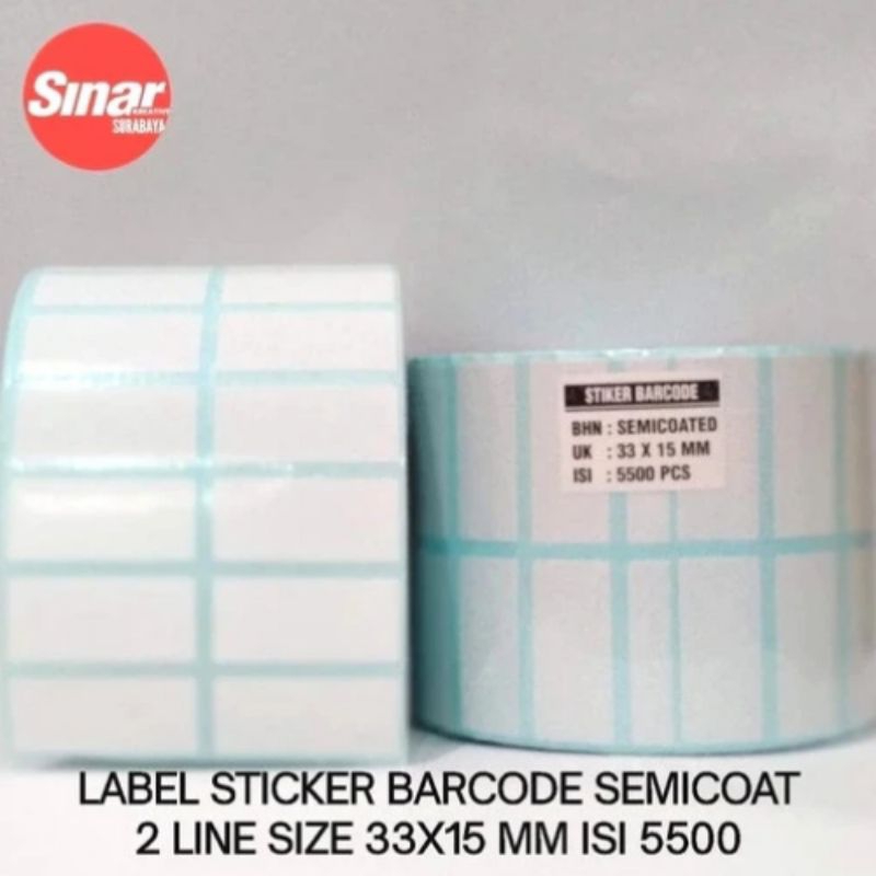 

LABEL STICKER BARCODE SEMICOATED 33 X15 (LEBAR 33 MM TINGGI 15 MM) 2 LINE GAP -CORE 1" ISI 5,500 pcs