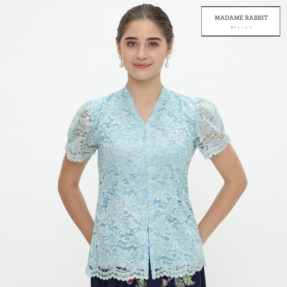 Baju Pesta Biru Madame Rabbit Kebaya Brokat Sky Blue Lengan Pendek Furing Rapi